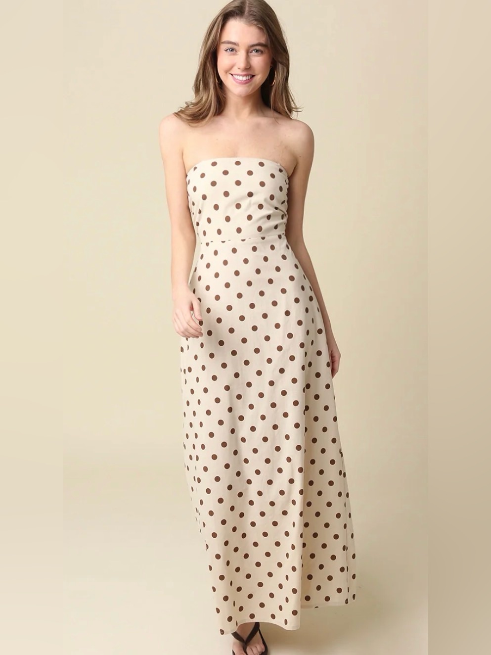 Olivaceous Strapless Cream Maxi Dress With Brown Polka Dots